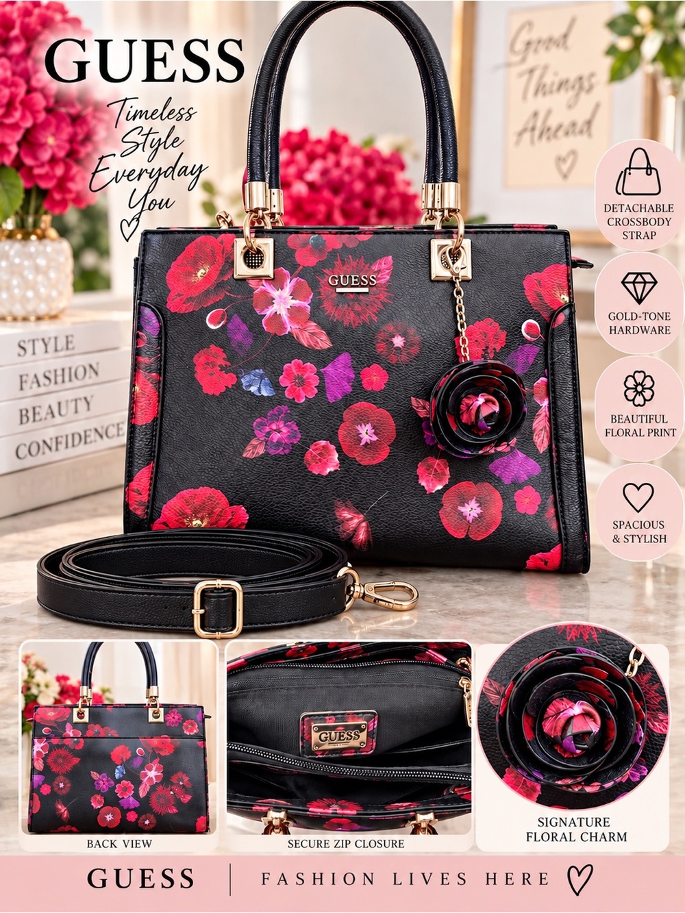 Guess Poppy Tote with Matching Floral Charm and Detachable Crossbody Strap. NWOT
